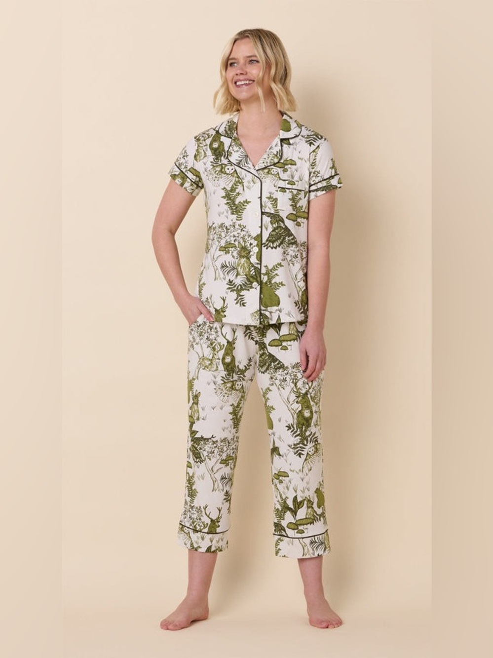 The Cat’s Pajamas Woodside Pima Knit Capri pants modal deer toile owl forest - Picture 6 of 12